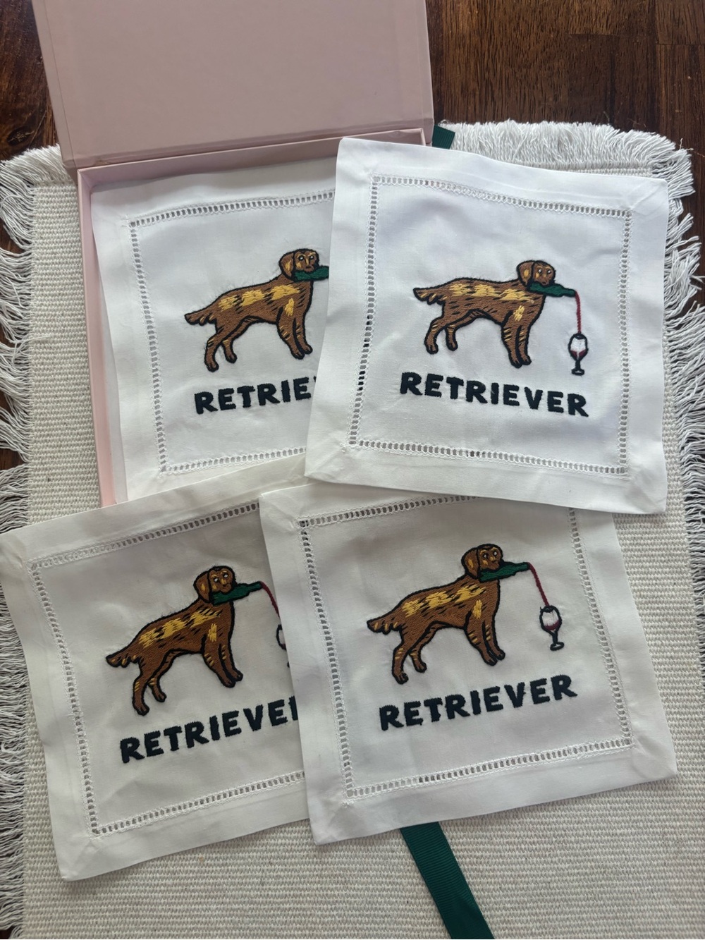 Embroidered Golden Retriever Cotton Napkins - White, Set of 4.  6” squares